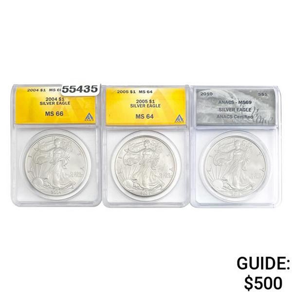 Lot of 3 ANACS Certified Silver Eagle Dollars