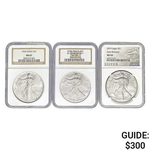 Lot of 3 NGC Certified $1 Silver Eagles
