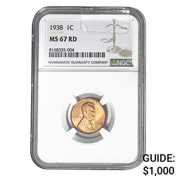 1938 1C Lincoln Cent NGC MS67 RD