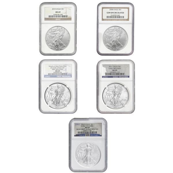 2008-2012 GEM BU American Silver Eagle Lot [5 Coins] NGC MS69