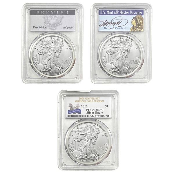 2016-2018 GEM BU American SIlver Eagle Lot [3 Coins] PCGS MS70