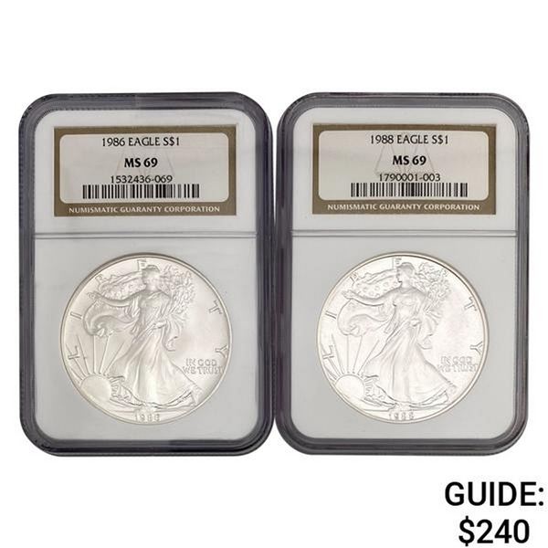 1986 / 1988 Eagles Silver $1 NGC MS69 [2 Coins]