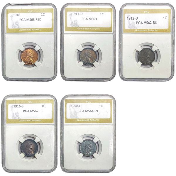 1912-1928 HIGH GRADE Better Date Lincoln Wheat Cent Lot [5 Coins] PGA MS62-65