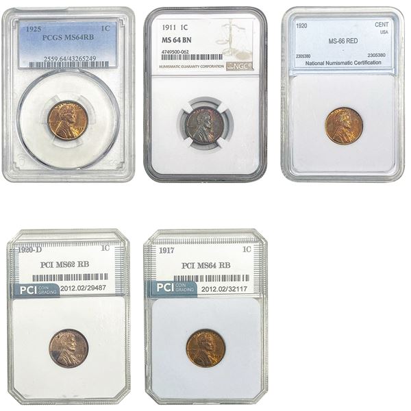 1911-1925 HIGH GRADE Better Date Lincoln Wheat Cent Lot [5 Coins] PCGS/PCI/NGC MS62-66