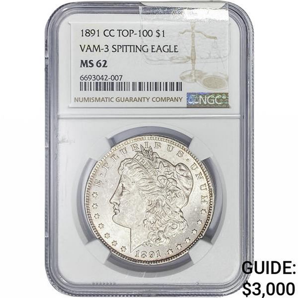 1891-CC Morgan Silver Dollar NGC MS62 VAM3 Spit Eagle