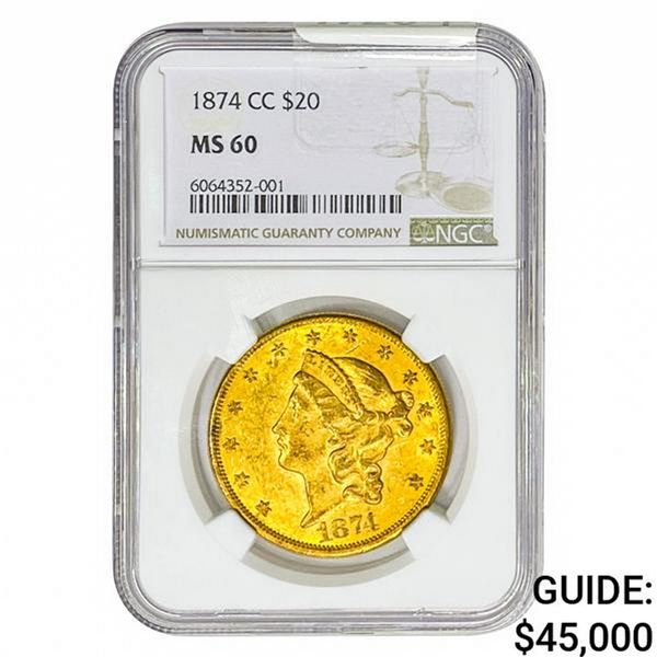 1874-CC $20 Gold Double Eagle NGC MS60