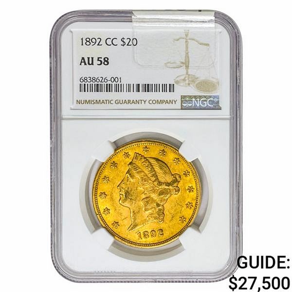 1892-CC $20 Gold Double Eagle NGC AU58
