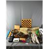 Image 1 : Misc Lot - New Work Glove Packages,Vintage Vomit Clock Frame, Wood Checker Board & More