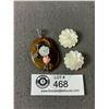 Image 1 : Tigereye Stone w/ Mother of Pearl + Pink Coral Design Pendant and Pair of Mother of Pearl Clip on Ea