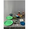 Image 1 : Nice Home Décor Lot -  Green Fiestaware Platters Pottery, Glassware, PerGunt Serving Tongs, r Dishes