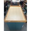 Image 2 : Large Green Store Display Shelves, Double Sided w/ 3 Shelves Per Side and Wood Tops. 45"H x 30.5"W x