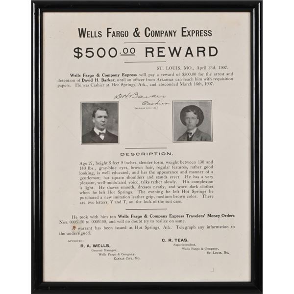 Wells Fargo & Co. 1907 Framed $500 Reward