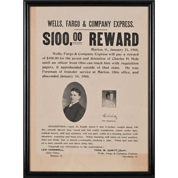 Wells Fargo & Co. 1908 Framed $100 Reward