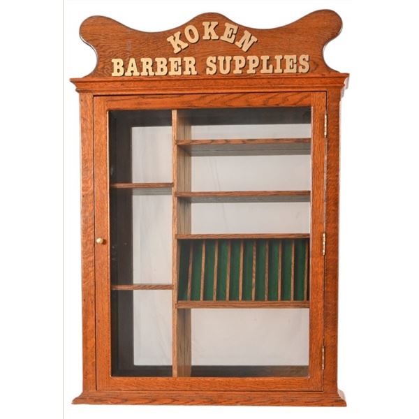 Antique Oak Barber Mug, Bottle and Razor Cabinet