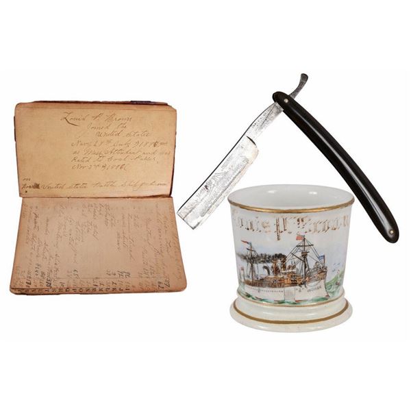 USS Indiana Antique Shaving Mug, Razor, & Ledger