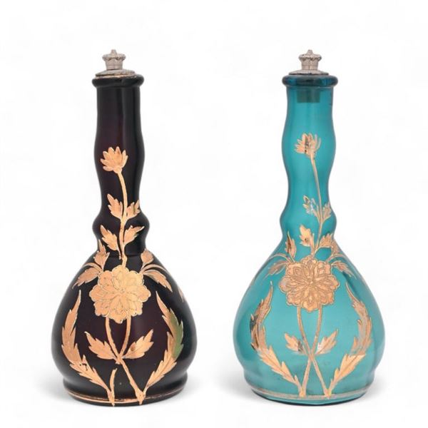 Two Antique Gold Overlaid Barber Bottles