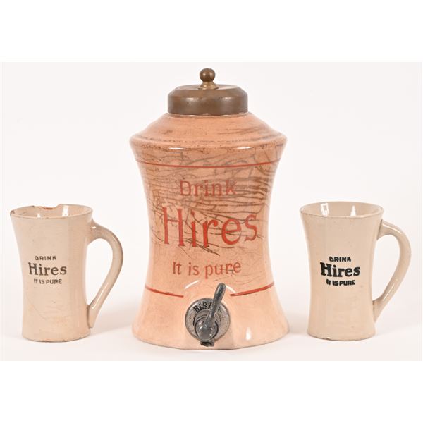 Hires Root Beer Porcelain Syrup Dispenser and Mugs
