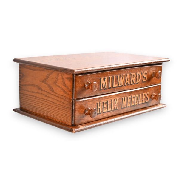 Antique Milward's Helix Sewing Needle Oak Cabinet