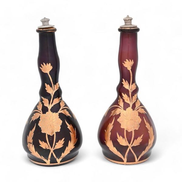 Two Antique Gold Overlay Barber Bottles