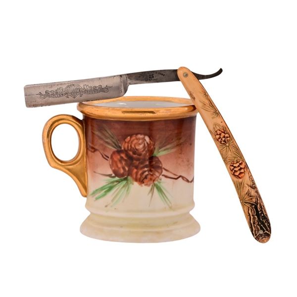 Antique Hand Painted Shaving Mug & Straight Razor