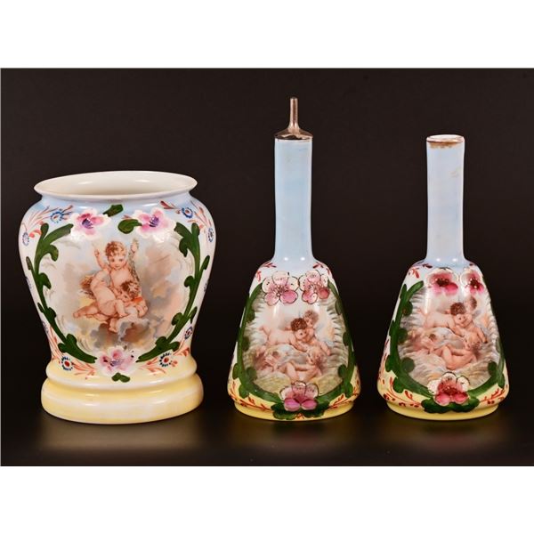 Pair of Barber Bottles and Waste Bucket