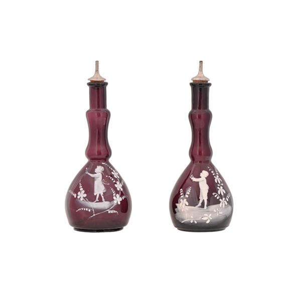 Two Antique Mary Gregory Barber Bottles