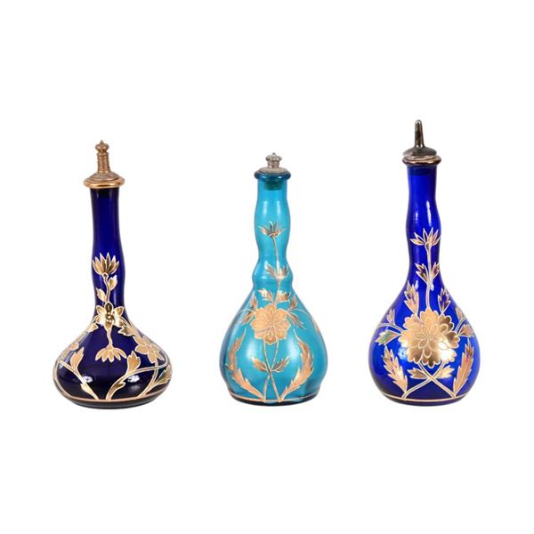 Three Antique Gold Overlay Barber Bottles