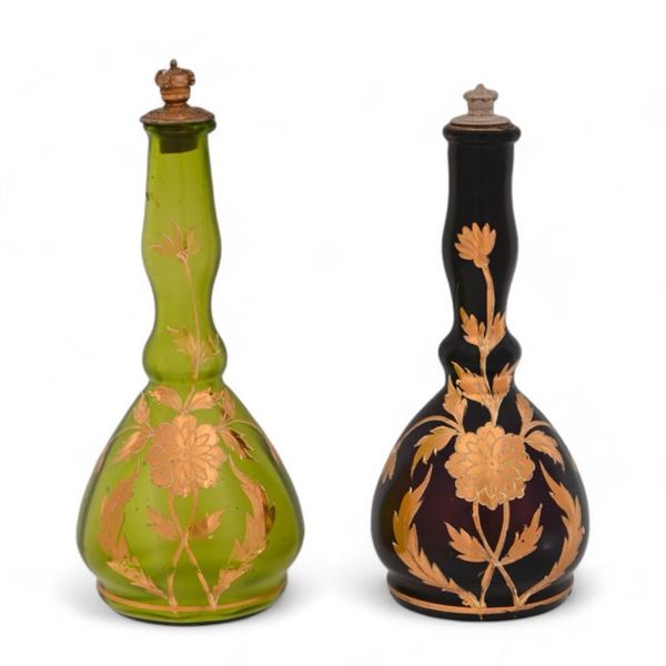 Two Antique Gold Overlay Barber Bottles