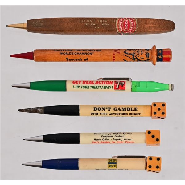 Six Vintage Advertising Mechanical Pencils
