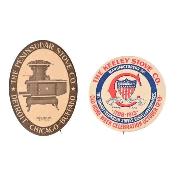Two Antique Stove Advertising Celluloid Pins