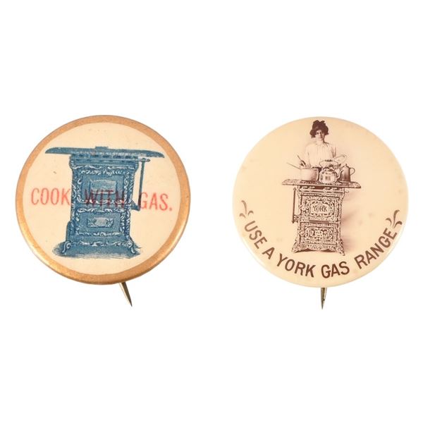Two Antique Gas Range Stove Ad Celluloid Buttons