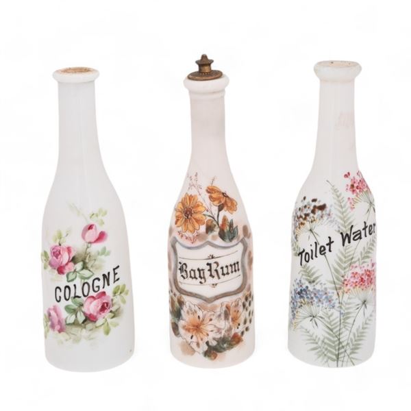 3 Antique Hand Painted Milk Glass Barber Bottles