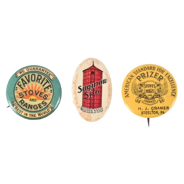 Three Antique Advertising Celluloid Pin Backs