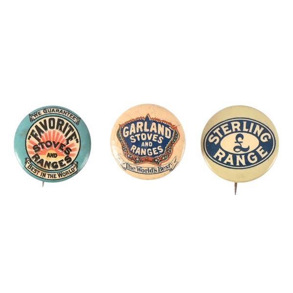 (3) Antique Stove & Range Pin Backs & Cuff Link