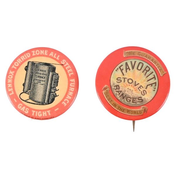 (2) Antique Stove & Range Advertising Pin Backs