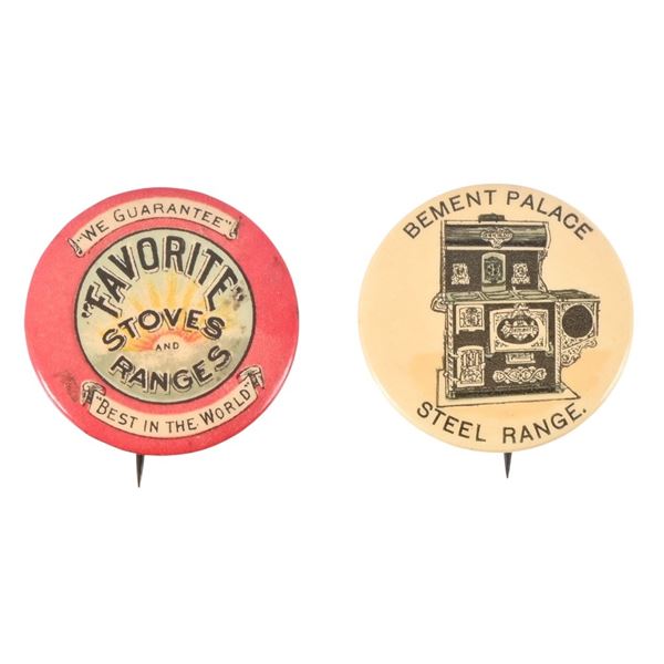 (2) Antique Stove & Range Advertising Pin Backs