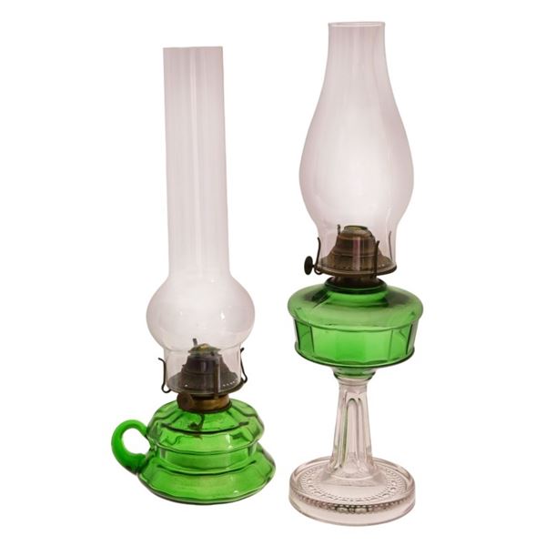 Two Antique Glass Hurricane Lanterns