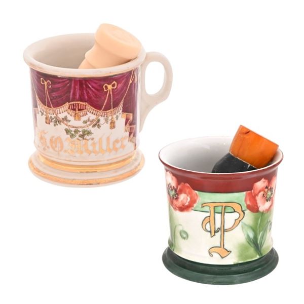 Two Antique Occupational Shaving Mugs with Brushes