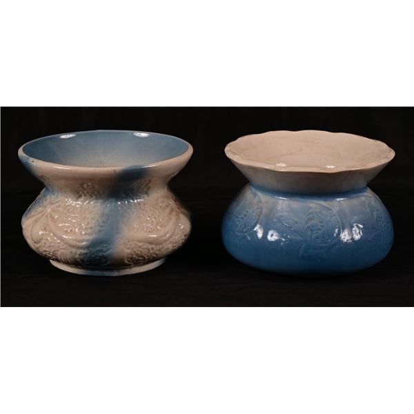 Two Antique Stoneware Blue Floral Spittoons