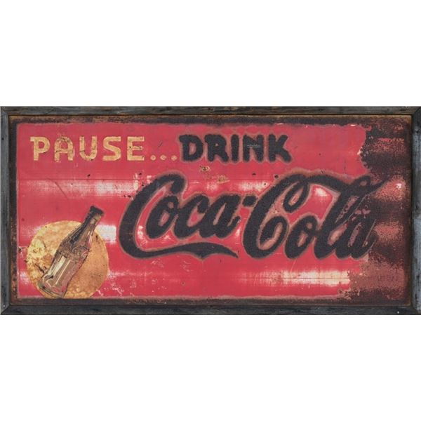 Large Coca-Cola Tin Advertising Sign, Wood Framed