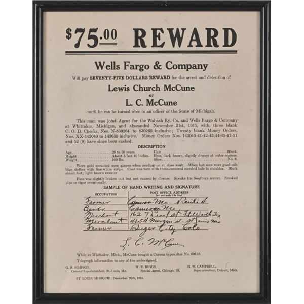 Wells Fargo & Co. $75.00 Reward 1915 Authentic