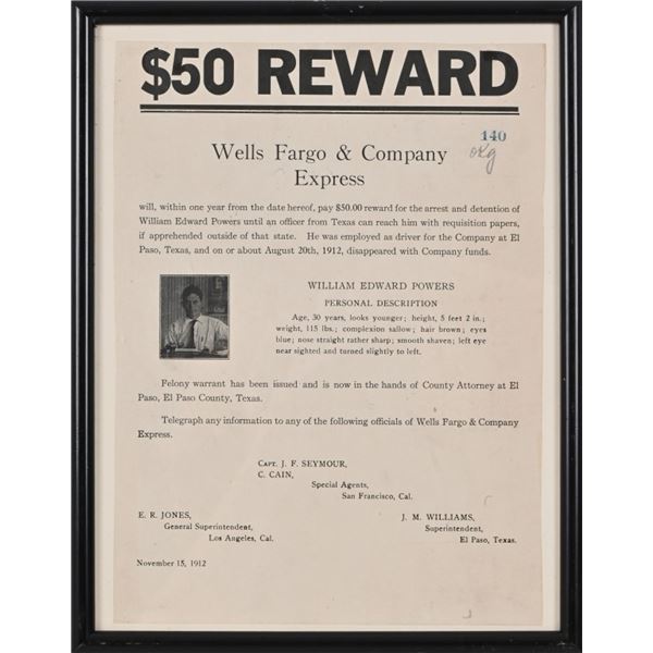 Wells Fargo & Co. $50.00 Reward 1912 Authentic