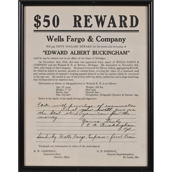 Wells Fargo & Co. $50.00 Reward 1914 Authentic