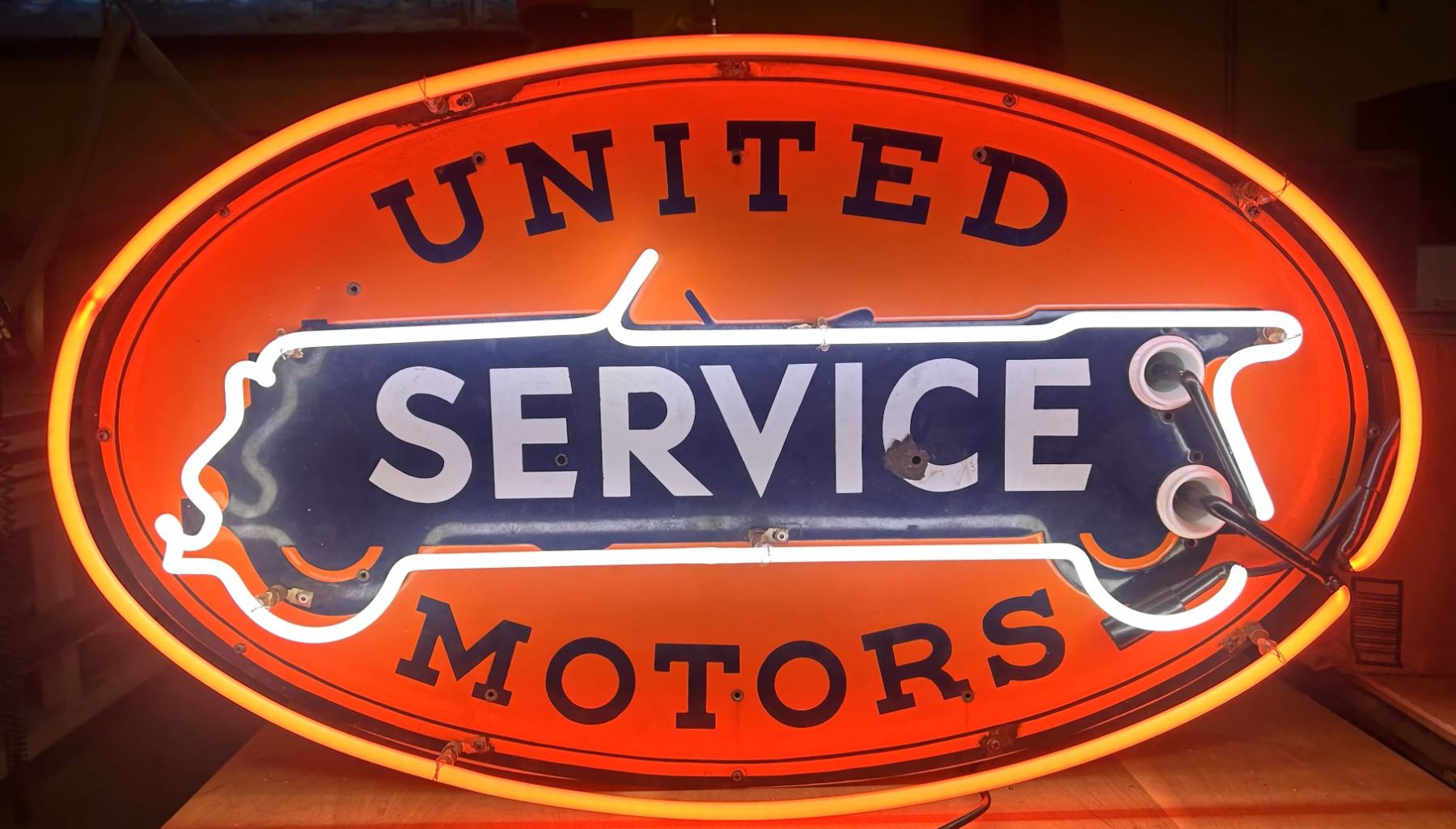 Antique Neon Over Porcelain United Motors Service Sign