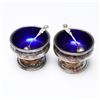 Image 2 : 2pc Sheffield Silver and Cobalt Glass Salt Cellars with Sterling Spoons