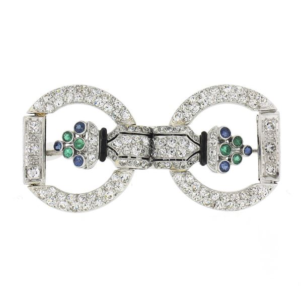 Antique Art Deco Platinum 2.25 ctw Diamond Emerald Sapphire Floral Pin Brooch