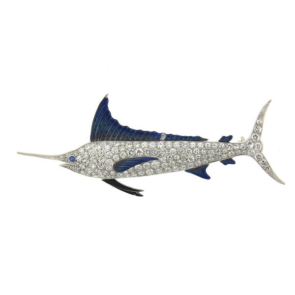 Vintage Platinum 3.5-4 ctw Pave Diamond w/ Enamel Blue Marlin Detailed Pin Brooc