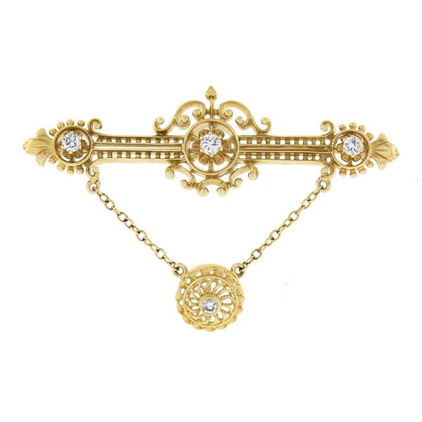 Vintage Victorian Revival 14K Gold Diamond Detailed Bar Pin Brooch w/ Dangle