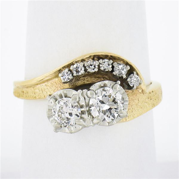 Vintage 14k TT Gold .82 ctw Diamond Textured & Polished Statement Cocktail Ring