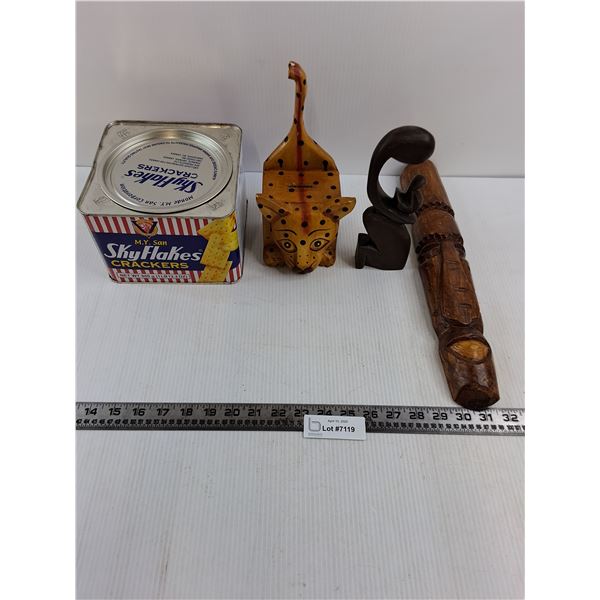 Vintage SkyFlakes Crackers Empty Tin & 3 Wooden Cultural Decor Items